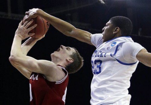 Indiana's Cody Zeller (40) attempts to shoot as Kentucky's Anthony Davis (23) defends during the second half of an NCAA tournament South Regional semifinal college basketball game Friday, March 23, 2012, in Atlanta. (AP Photo/David J. Phillip)