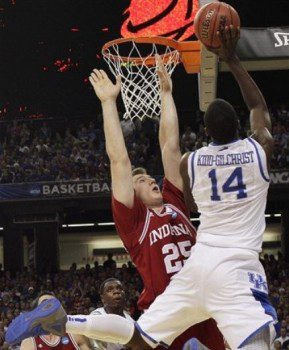 Kentucky's Michael Kidd-Gilchrist (14)tries to shoot over Indiana's Tom Pritchard during the first half of an NCAA tournament South Regional semifinal college basketball game Friday, March 23, 2012, in Atlanta. (AP Photo/David J. Phillip)