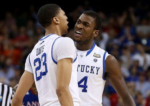 NEW ORLEANS, LA - APRIL 02: Anthony Davis #23 and Michael Kidd-Gilchrist #14 of the Kentucky Wildcats react late in the second half while taking on the Kansas Jayhawks in the National Championship Game of the 2012 NCAA Division I Men's Basketball Tournament at the Mercedes-Benz Superdome on April 2, 2012 in New Orleans, Louisiana. (Photo by Jeff Gross/Getty Images)